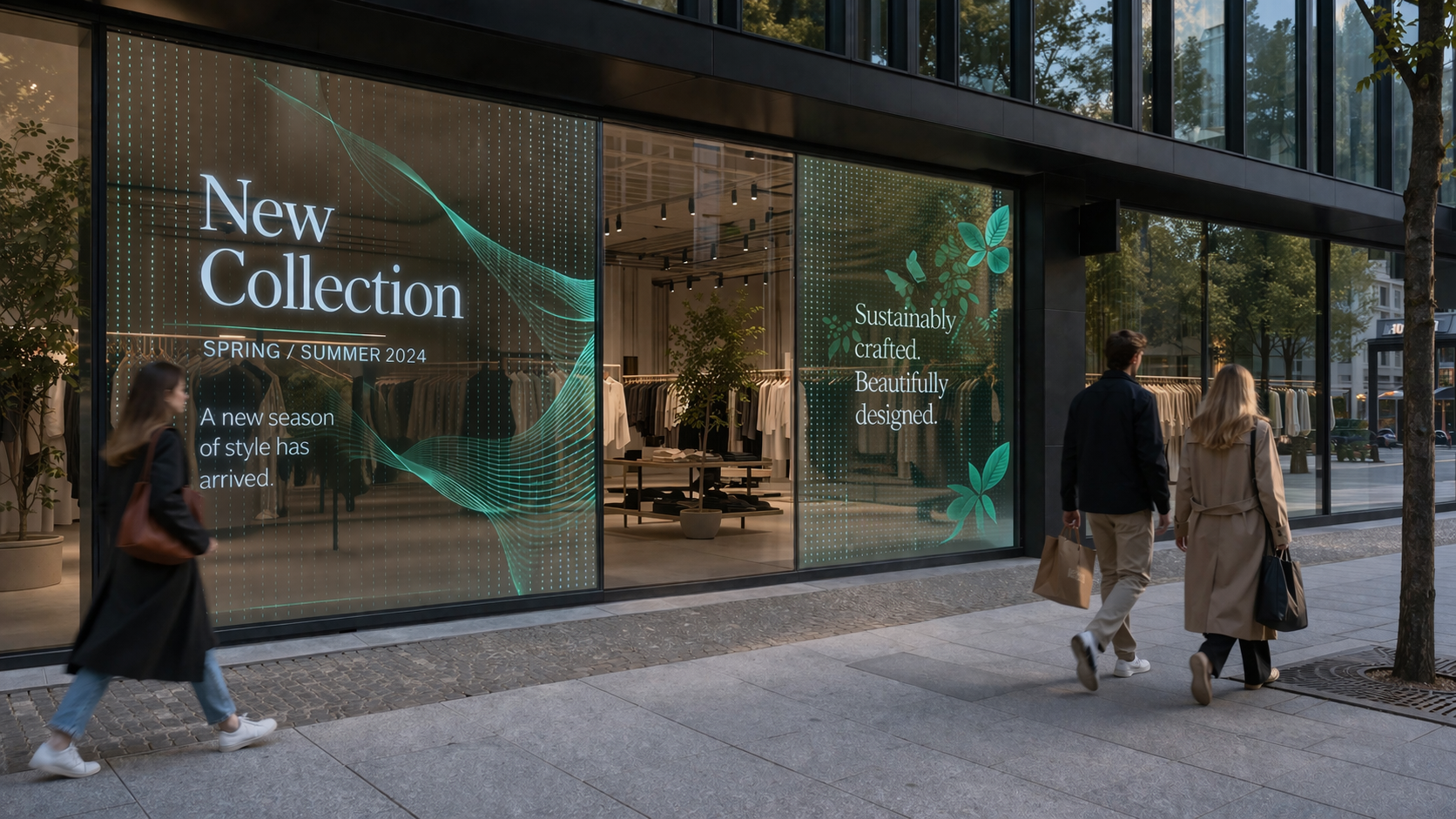 Transparent LED-skärm i skyltfönster – digital grafik visas på butiksrutan medan insyn bevaras